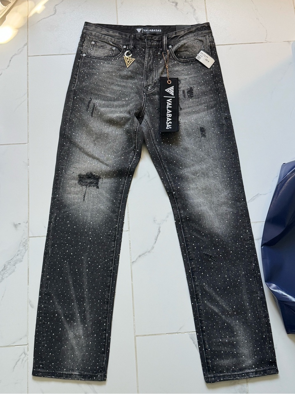 Valabasis Men’s Distressed Rhinestone Jeans